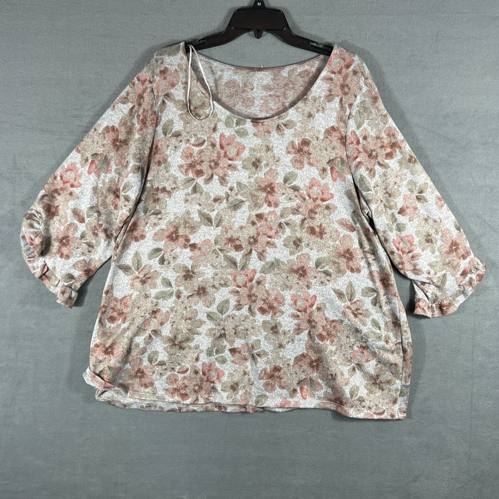 Women's Floral Print Top Gray Pink Brown Green 3/4 Sleeve Scoop Neck Ruffled